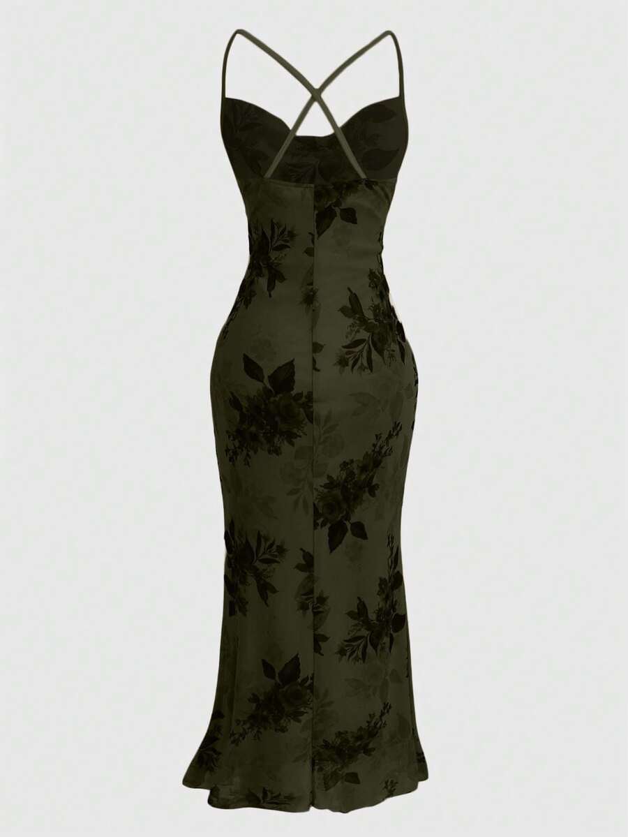 Women's floral print backless cami long dress featuring spaghetti straps, high waist, ruched detailing, and a mermaid hem with split thigh