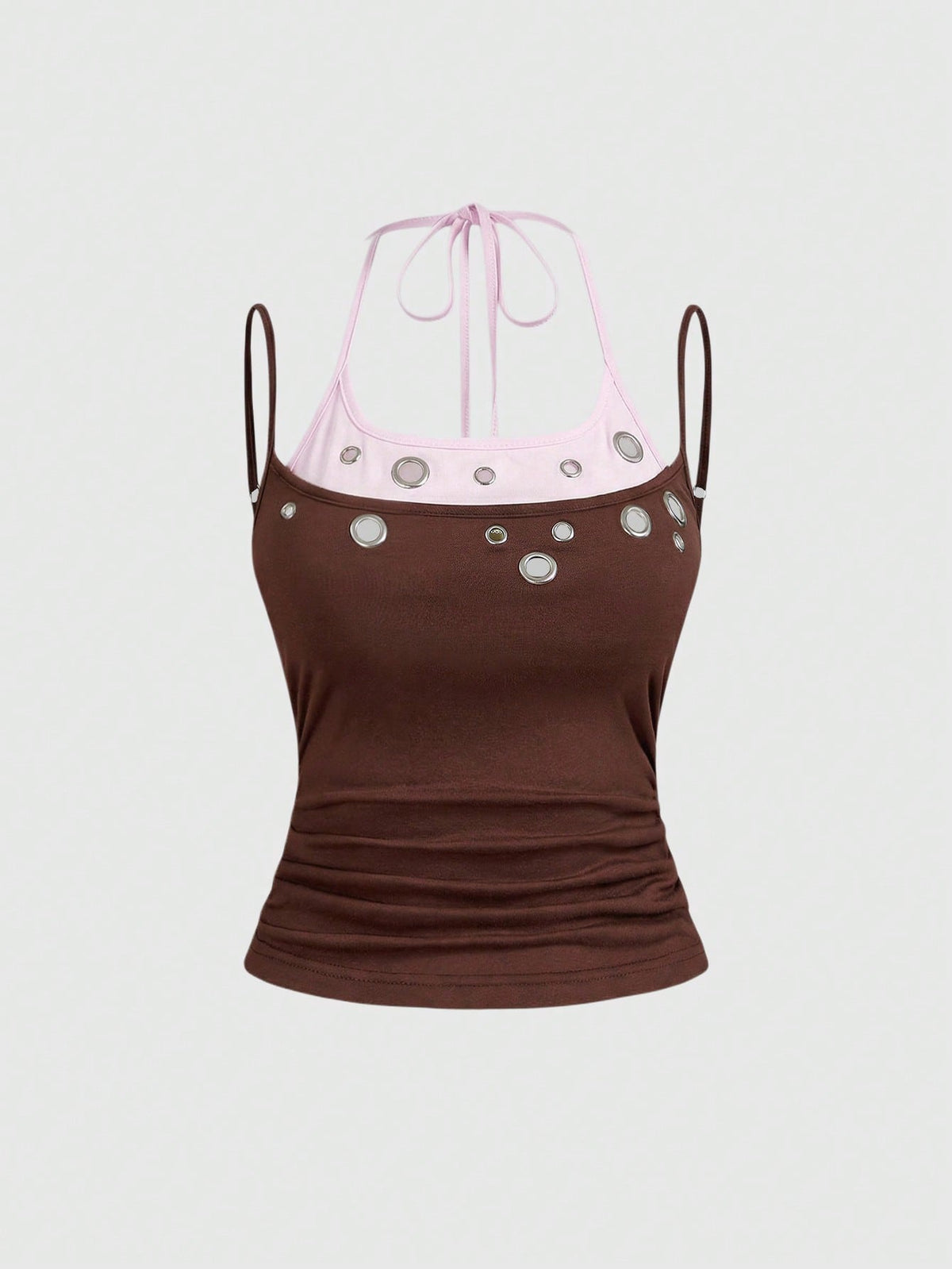 Black halter crop tank top for women featuring lace up front details, ruched accents, and appliques in a slim fit knitted fabric.