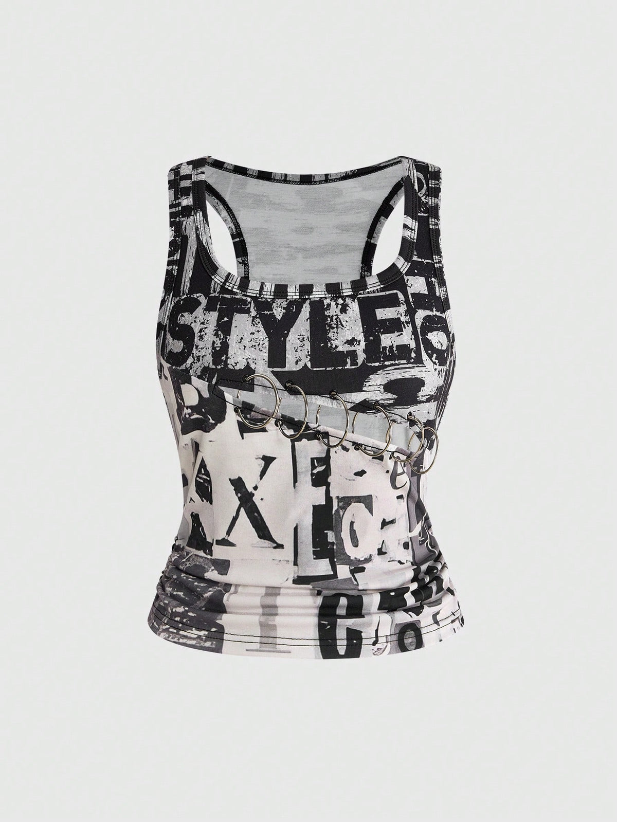 Multicolor women's graphic slogan print tank top with grommet eyelet detail and scoop neck.