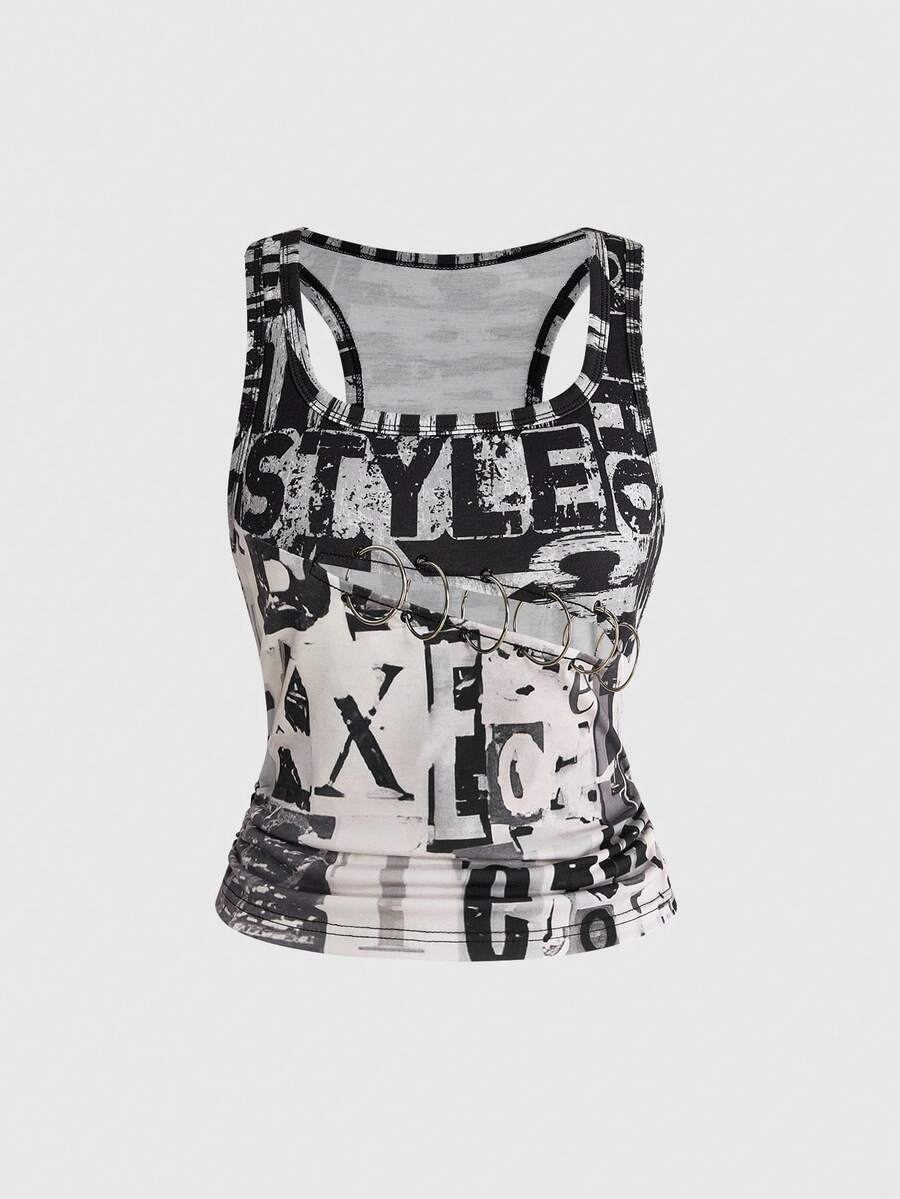 Multicolor women's graphic slogan print tank top with grommet eyelet detail and scoop neck.