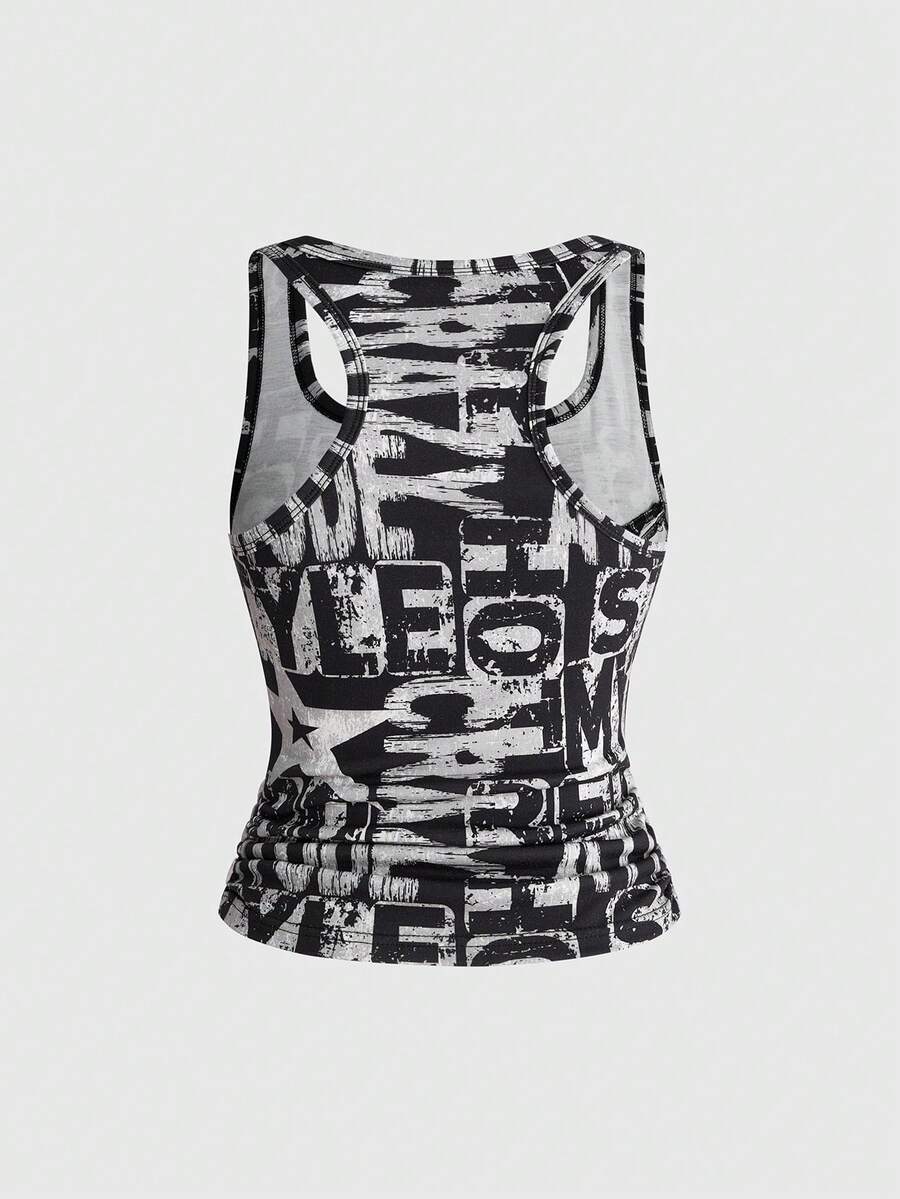Multicolor women's graphic slogan print tank top with grommet eyelet detail and scoop neck.