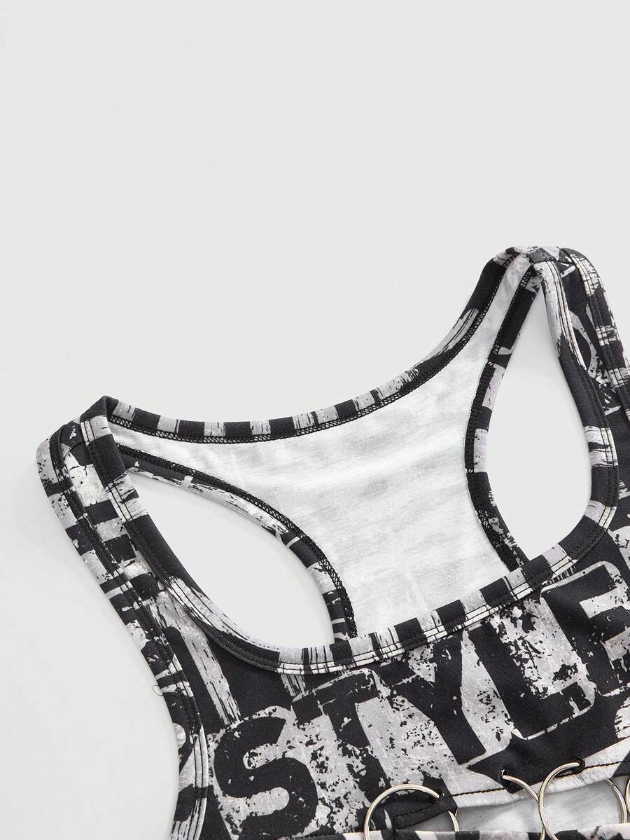 Multicolor women's graphic slogan print tank top with grommet eyelet detail and scoop neck.
