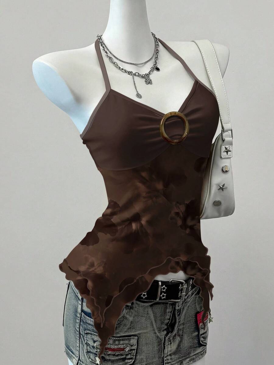 Women's backless halter cami top featuring a paisley print, sleeveless design, and an asymmetrical hem in knitted fabric.