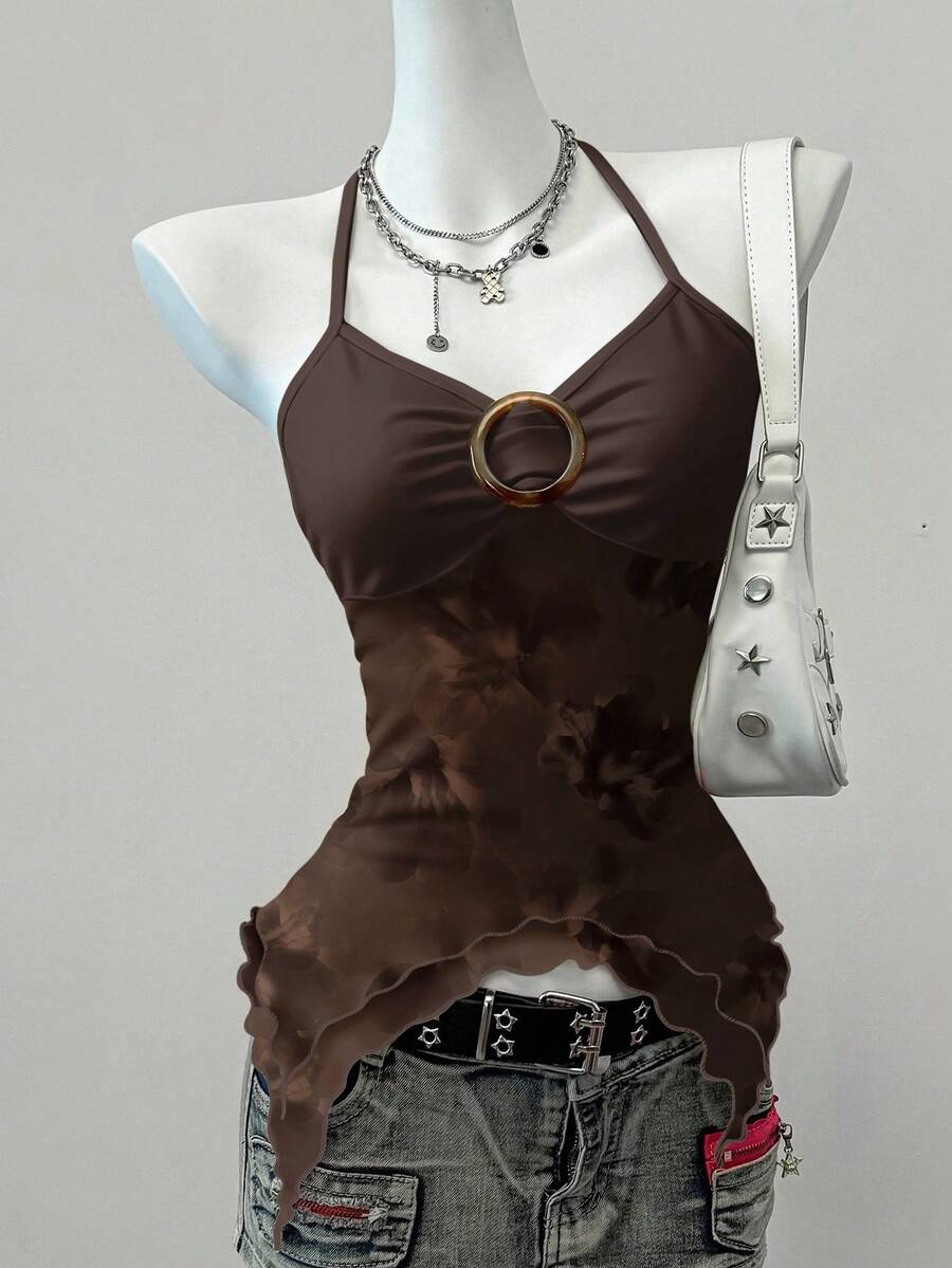 Women's backless halter cami top featuring a paisley print, sleeveless design, and an asymmetrical hem in knitted fabric.