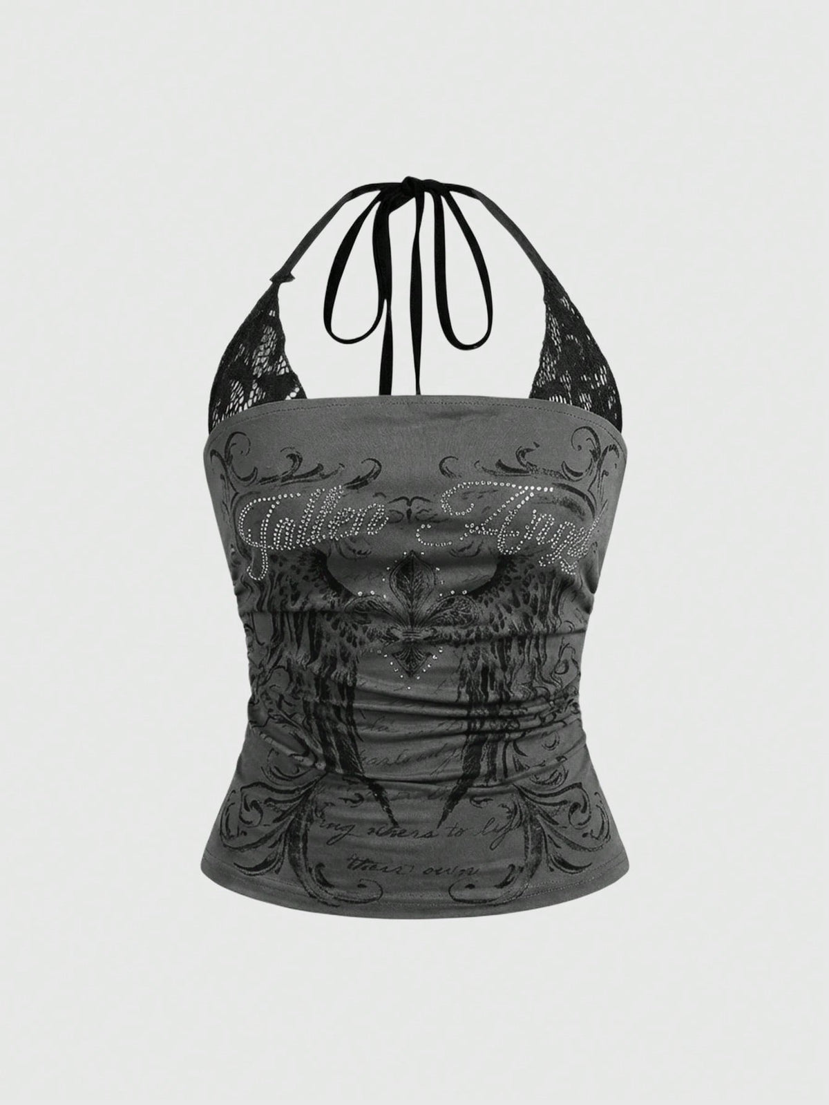 Woman wearing a black Y2K concert print 2-in-1 contrast lace halter crop top featuring a backless design with knot details.