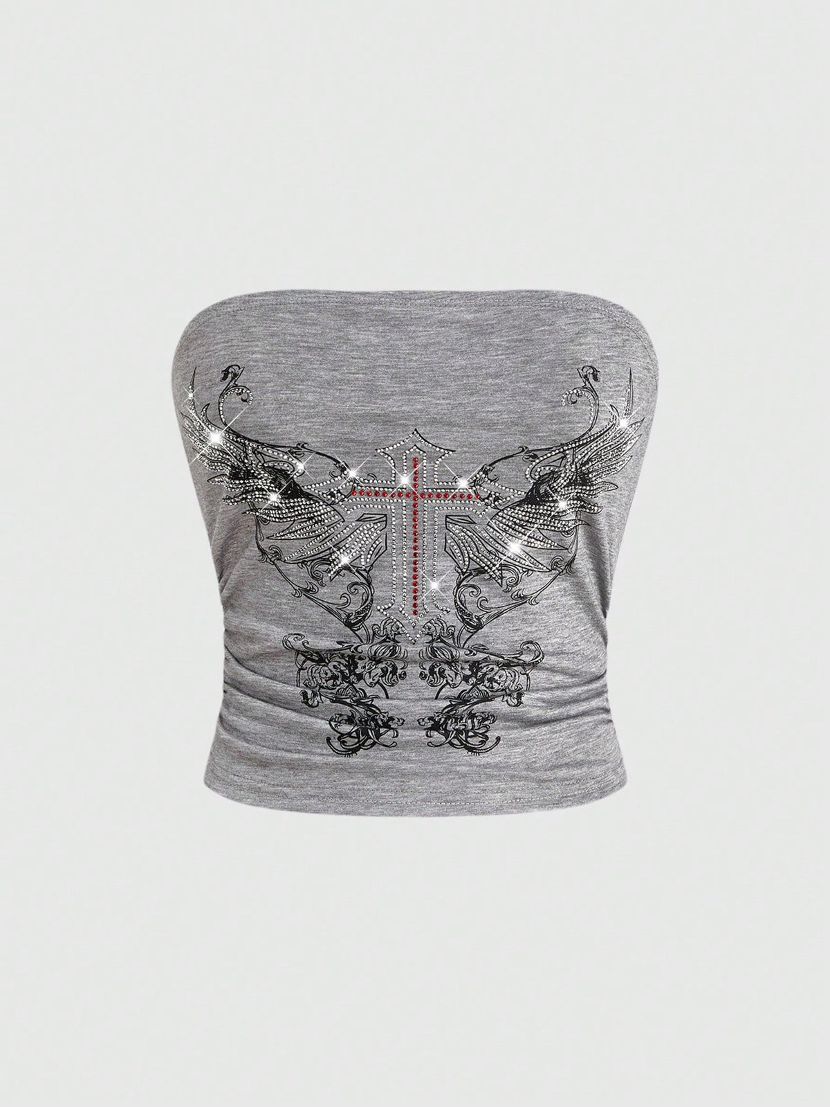 Women's strapless star print tube crop top featuring rhinestone details and ruched accents in burgundy knitted stretch fabric.