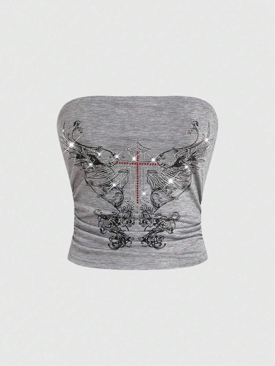 Women's strapless star print tube crop top featuring rhinestone details and ruched accents in burgundy knitted stretch fabric.