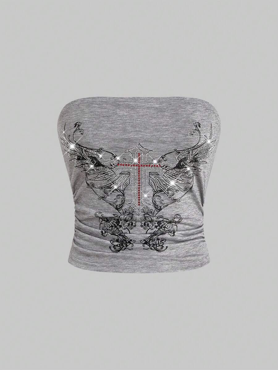 Women's strapless star print tube crop top featuring rhinestone details and ruched accents in burgundy knitted stretch fabric.