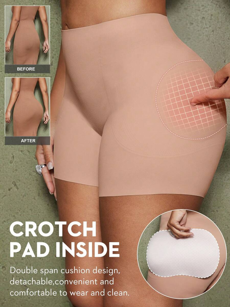 Women's black seamless waist trainer shorts featuring tummy control and butt lifting pads