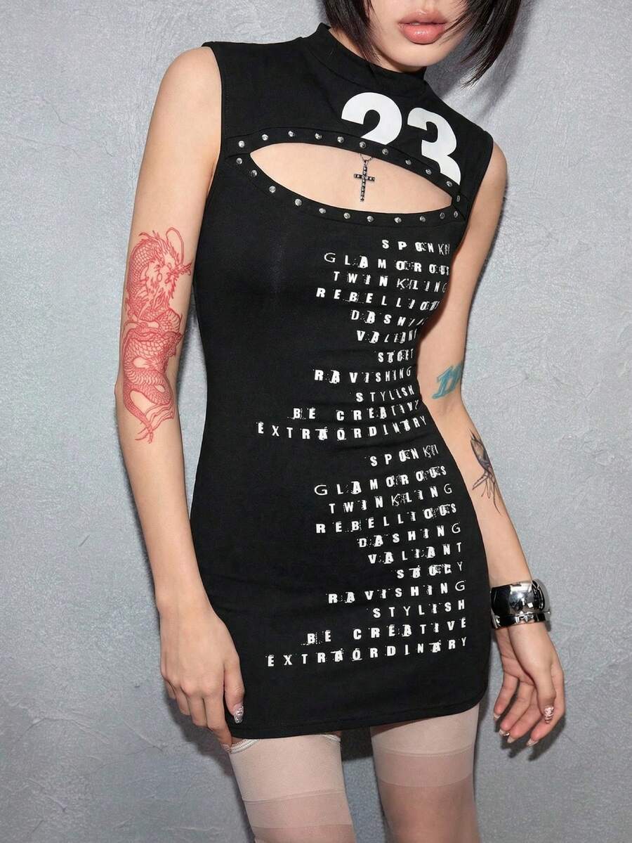 Black Y2K sleeveless bodycon mini dress for women with studded details, stand collar, and mid-waist pencil hem in knitted fabric.