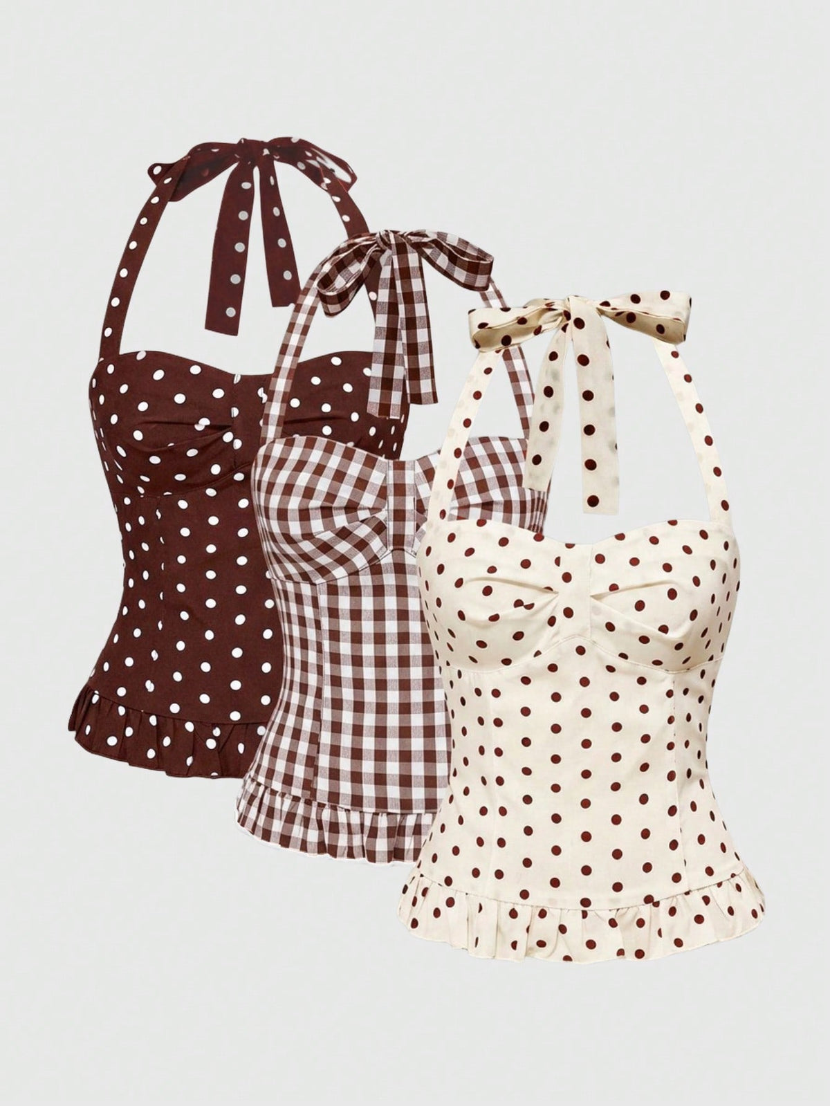 Pink plaid backless halter camisole set with ruched bust, knot detail, and ruffle hem for women.