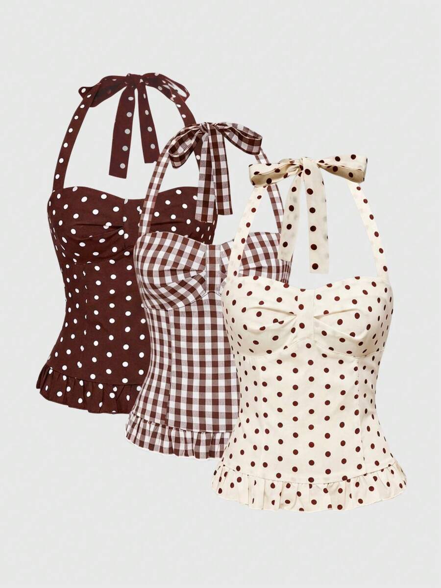 Pink plaid backless halter camisole set with ruched bust, knot detail, and ruffle hem for women.