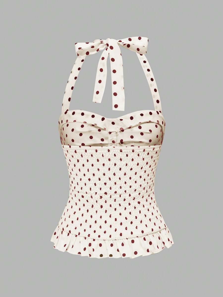 Pink plaid backless halter camisole set with ruched bust, knot detail, and ruffle hem for women.
