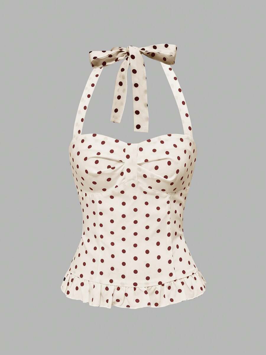 Pink plaid backless halter camisole set with ruched bust, knot detail, and ruffle hem for women.