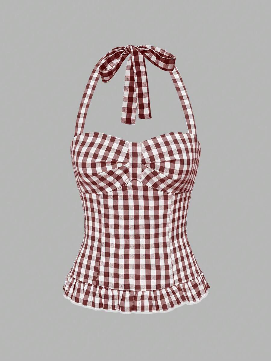Pink plaid backless halter camisole set with ruched bust, knot detail, and ruffle hem for women.