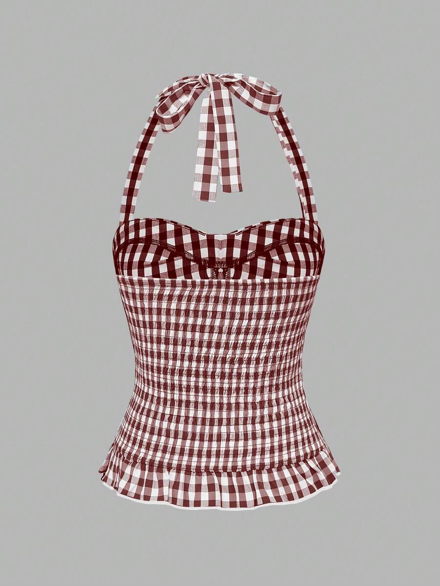 Pink plaid backless halter camisole set with ruched bust, knot detail, and ruffle hem for women.
