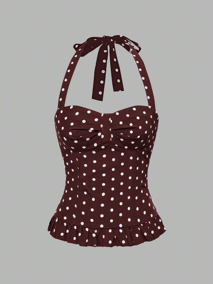 Pink plaid backless halter camisole set with ruched bust, knot detail, and ruffle hem for women.