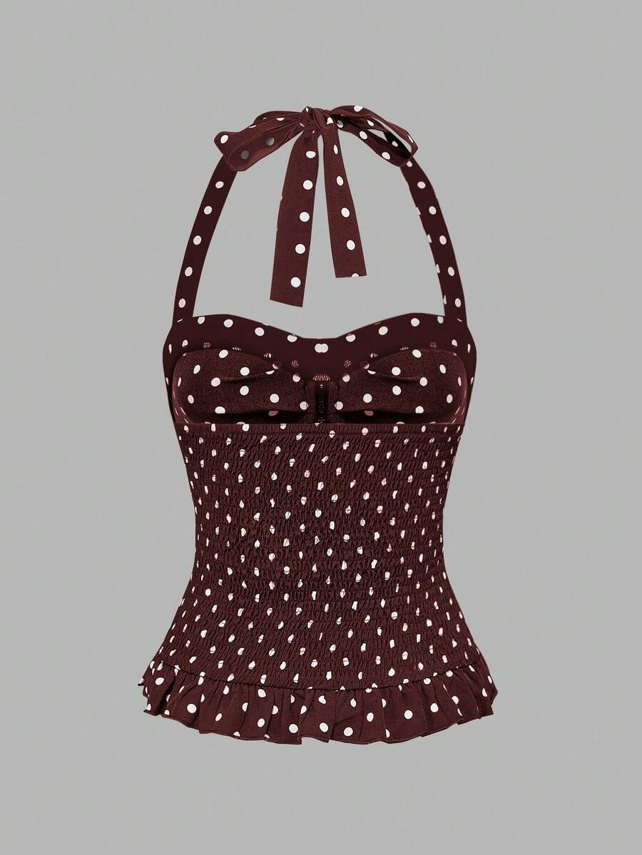 Pink plaid backless halter camisole set with ruched bust, knot detail, and ruffle hem for women.