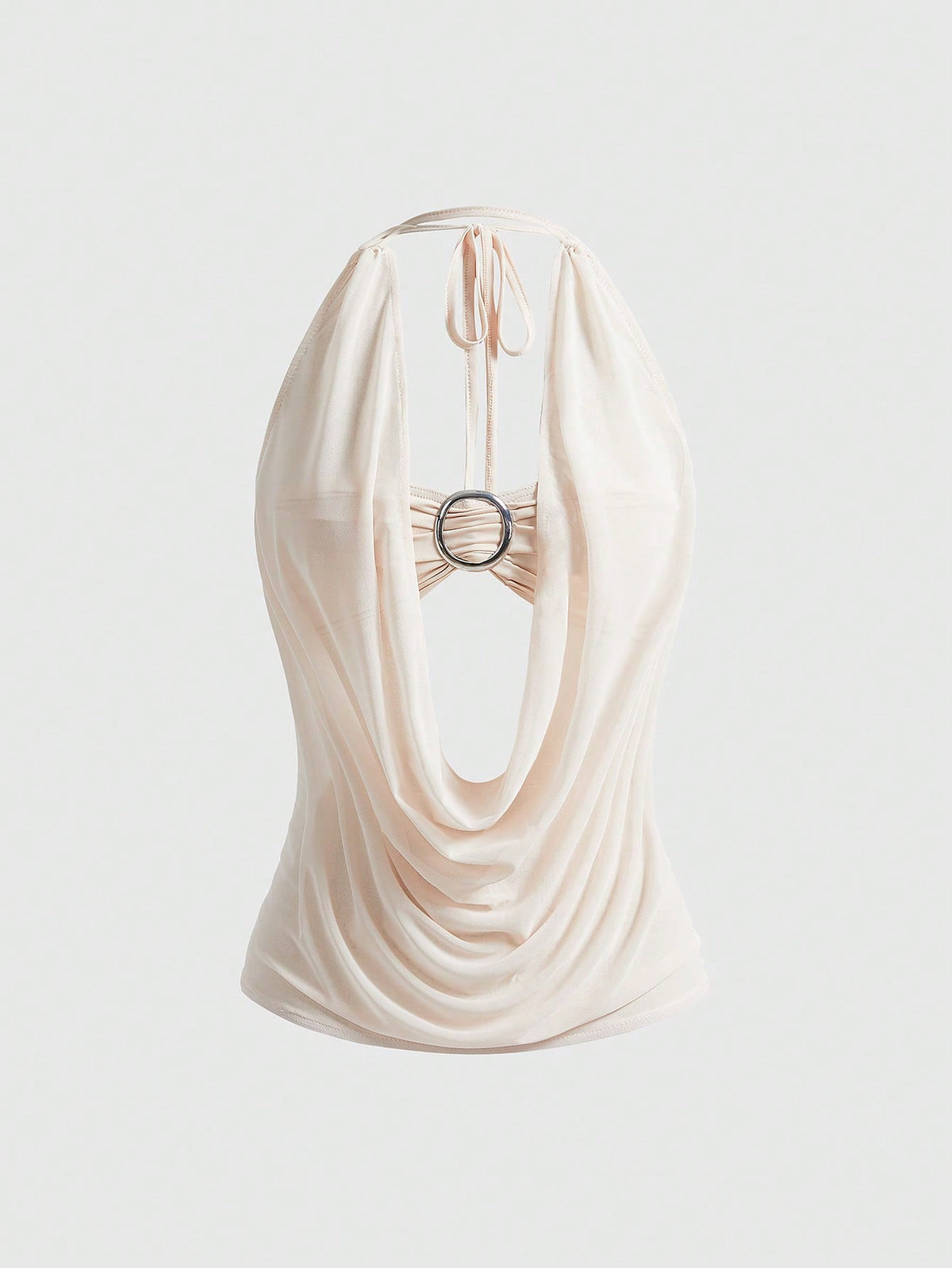 Women's cowl neck halter crop tank top featuring a draped backless design and matching bandeau inner layer.