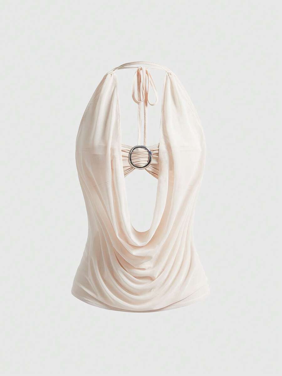 Women's cowl neck halter crop tank top featuring a draped backless design and matching bandeau inner layer.