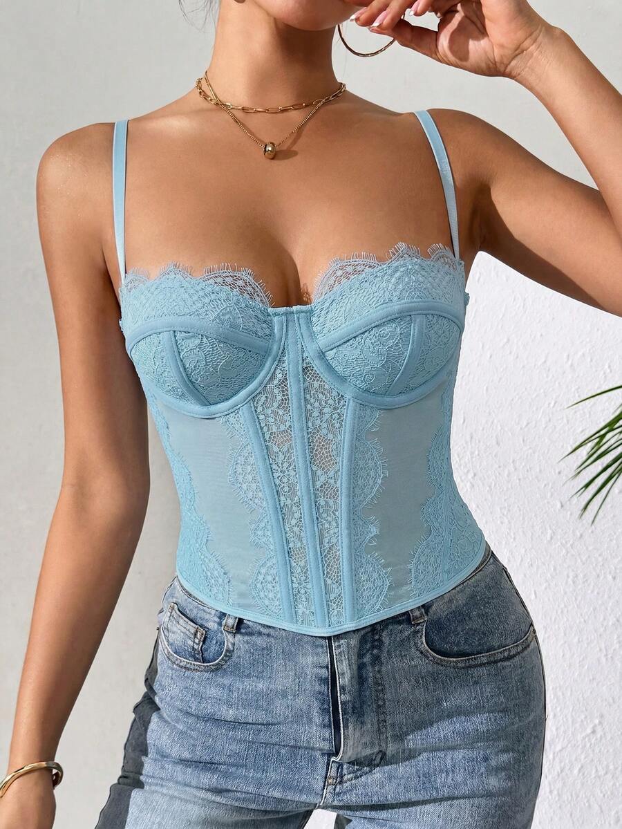 Women's brown lace trim cami corset crop top featuring a low cut neck, unlined body, and slim fit bodycon silhouette.