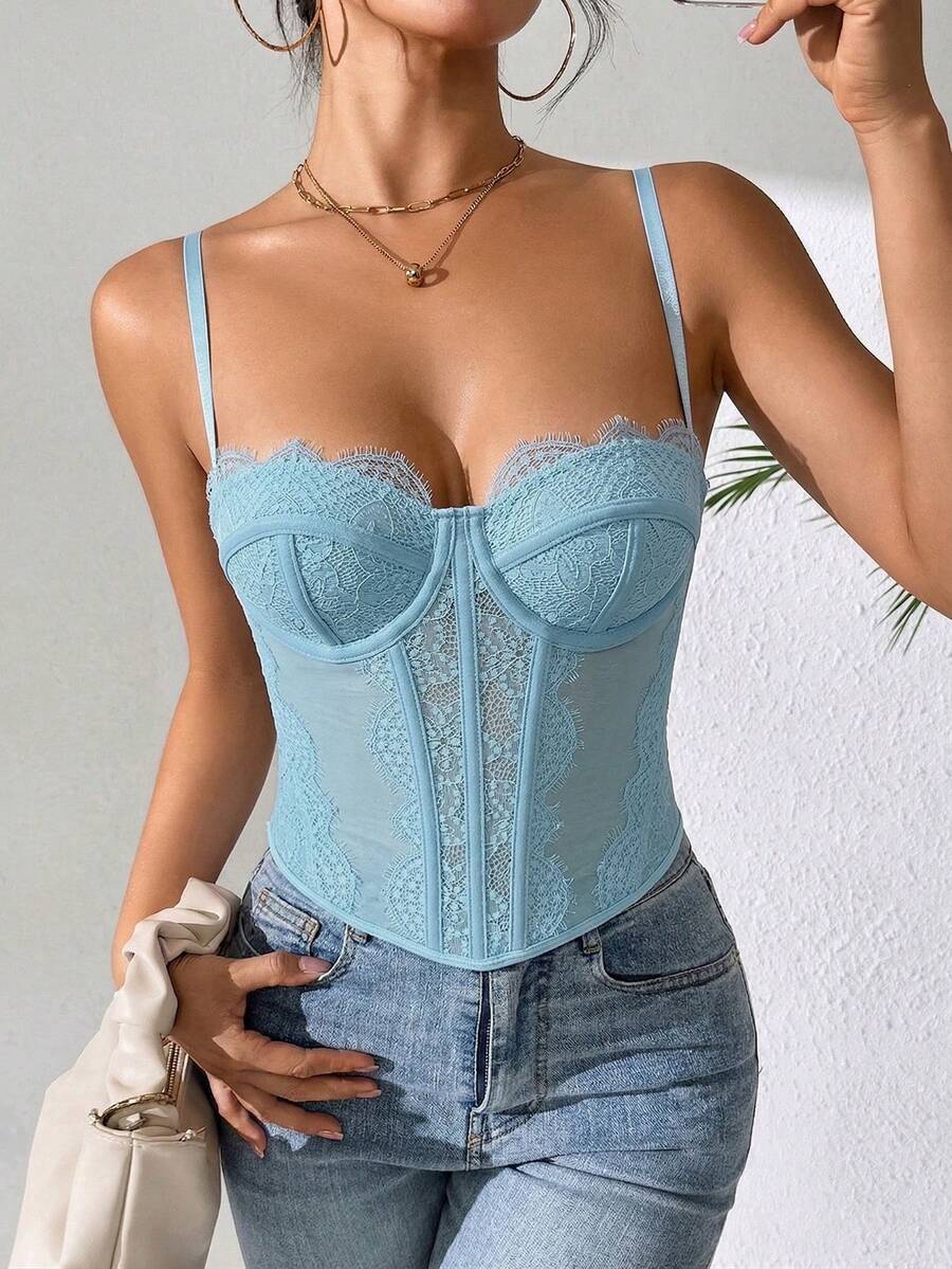 Women's brown lace trim cami corset crop top featuring a low cut neck, unlined body, and slim fit bodycon silhouette.