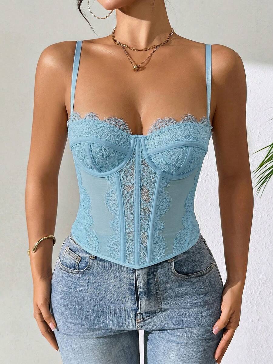 Women's brown lace trim cami corset crop top featuring a low cut neck, unlined body, and slim fit bodycon silhouette.