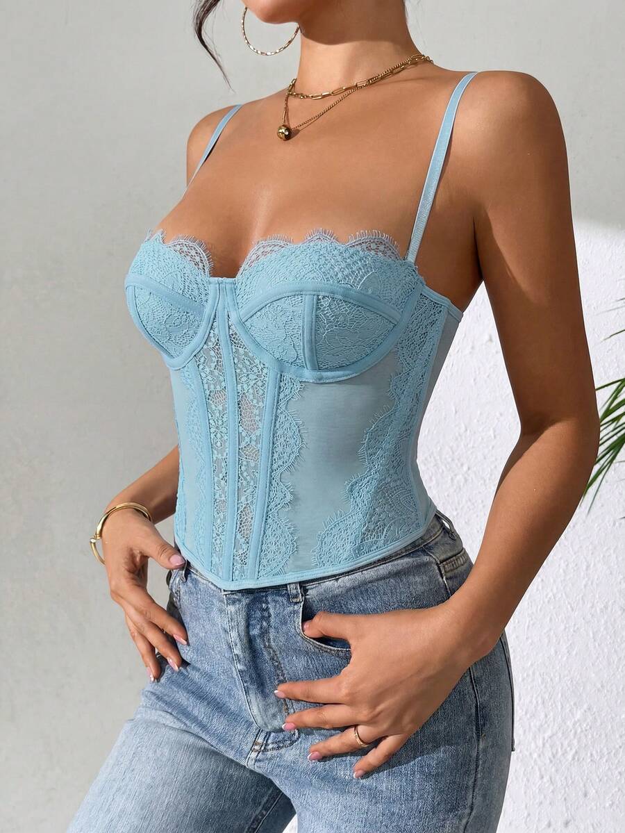 Women's brown lace trim cami corset crop top featuring a low cut neck, unlined body, and slim fit bodycon silhouette.