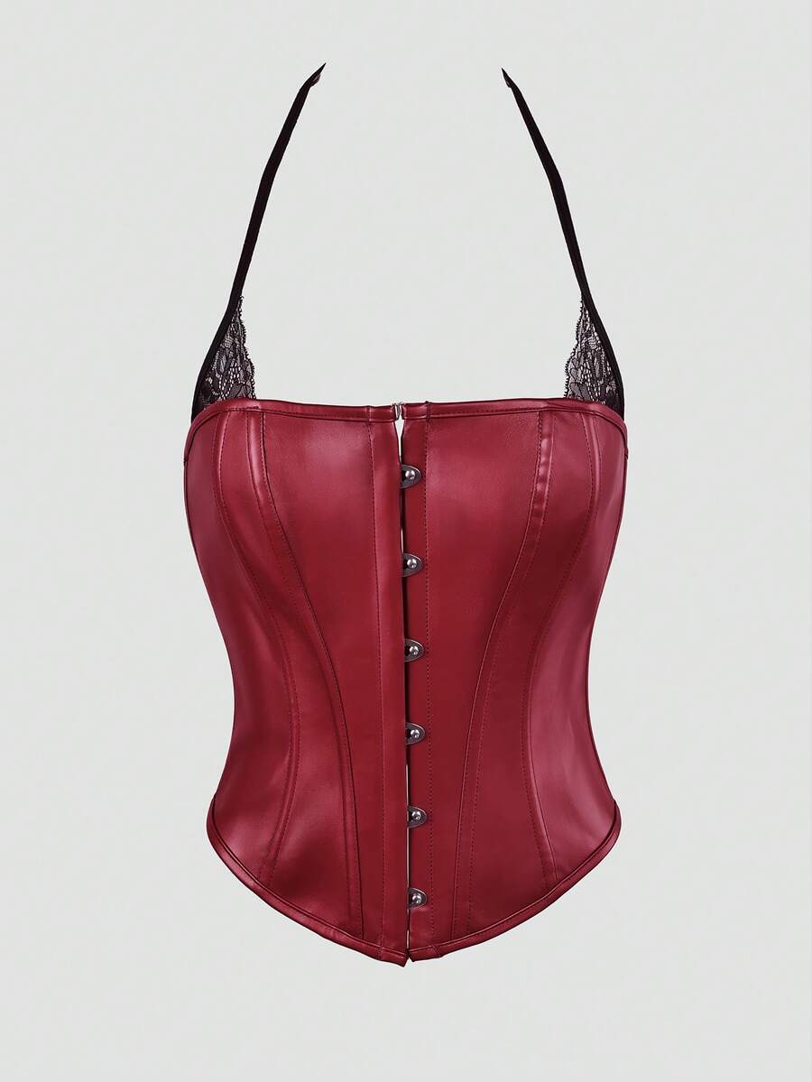 Black Y2K fitted corset crop top featuring a halter neckline, backless design, front hook closure, and back lace-up detail.
