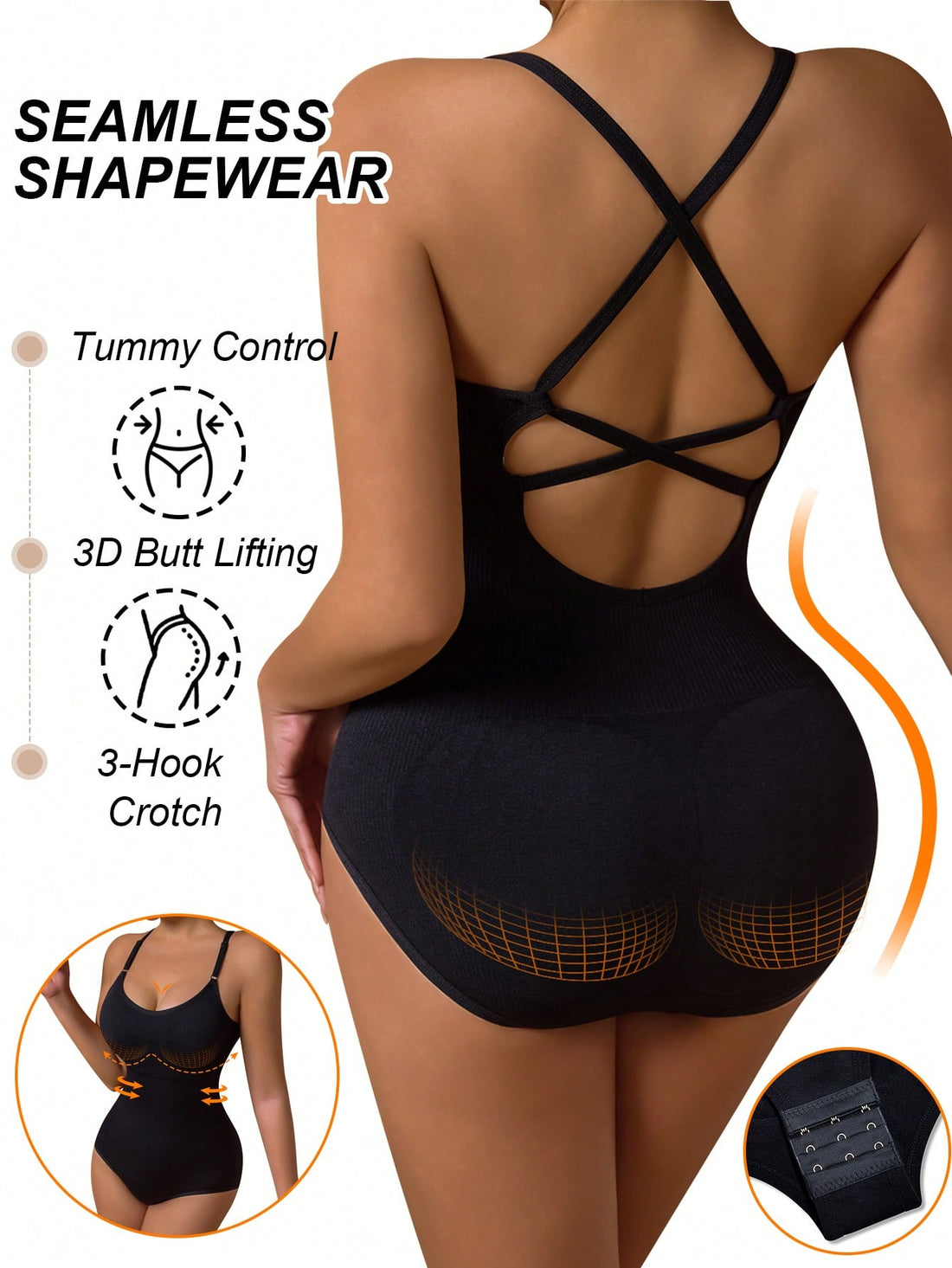 Black sleeveless seamless backless bodysuit with criss cross spaghetti straps for women