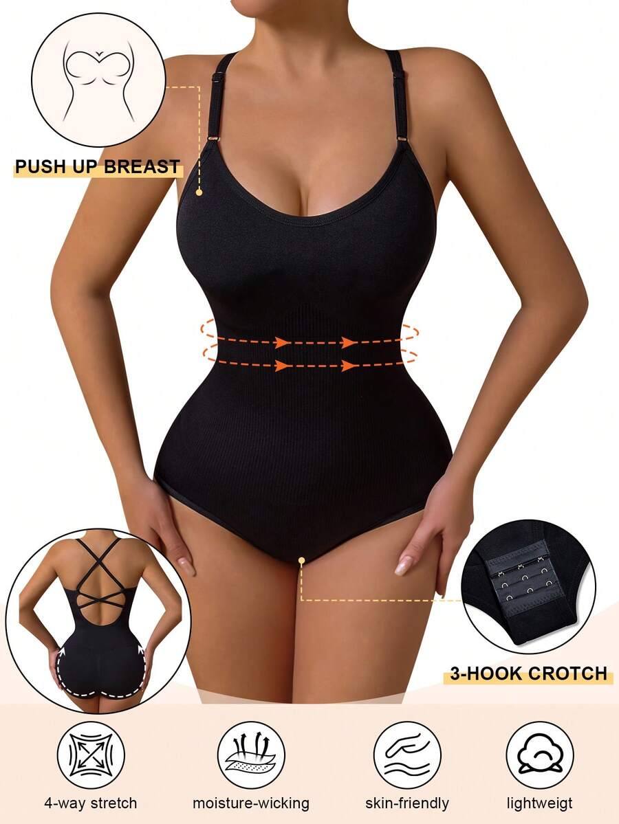 Black sleeveless seamless backless bodysuit with criss cross spaghetti straps for women