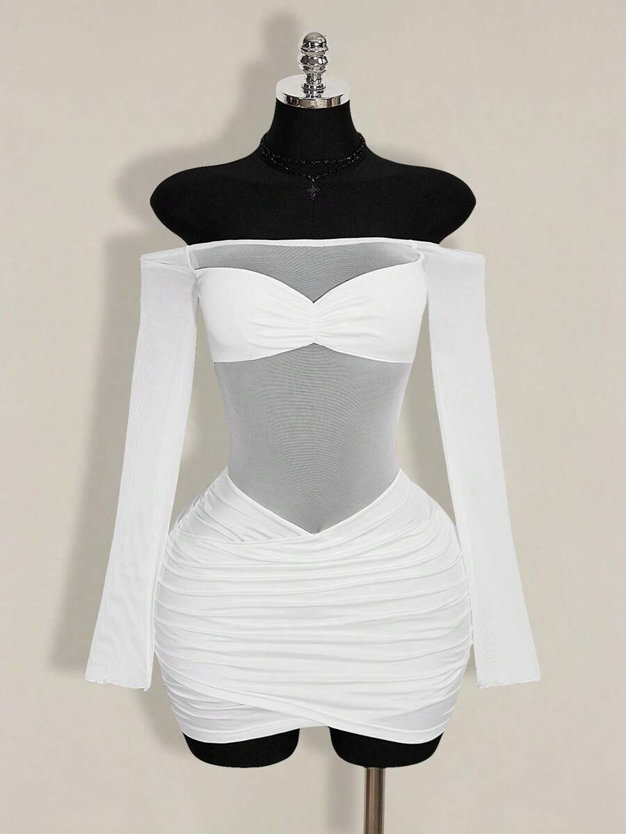 Women's black off-shoulder mini dress featuring sheer mesh patchwork details, ruched bodycon fit, and long flare sleeves.