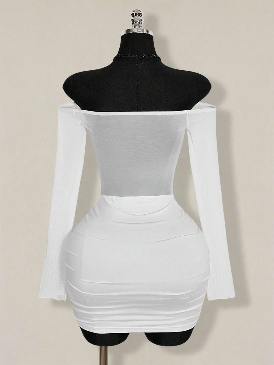 Women's black off-shoulder mini dress featuring sheer mesh patchwork details, ruched bodycon fit, and long flare sleeves.
