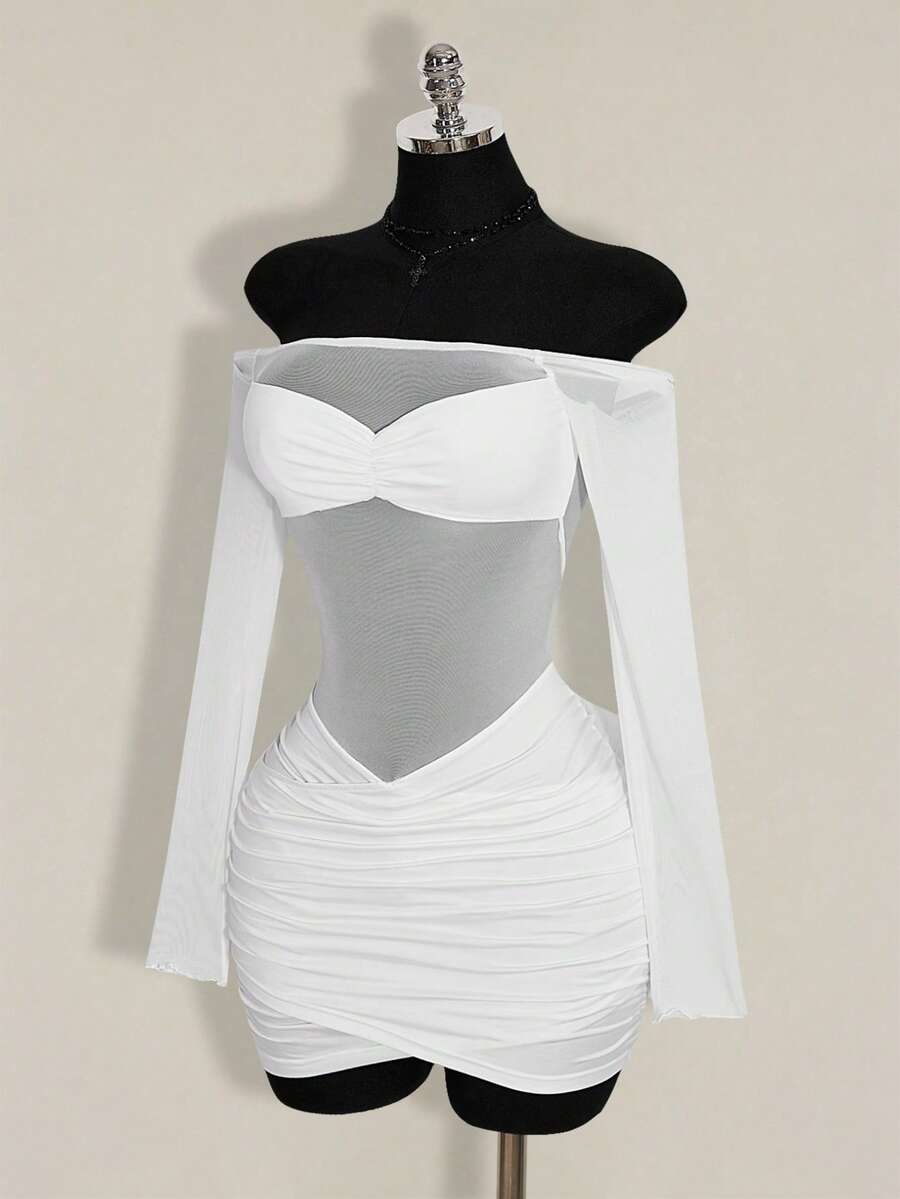 Women's black off-shoulder mini dress featuring sheer mesh patchwork details, ruched bodycon fit, and long flare sleeves.