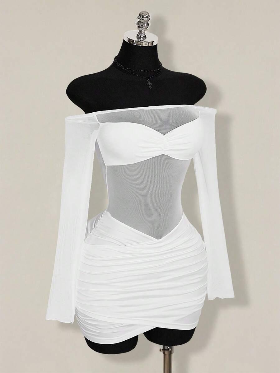 Women's black off-shoulder mini dress featuring sheer mesh patchwork details, ruched bodycon fit, and long flare sleeves.