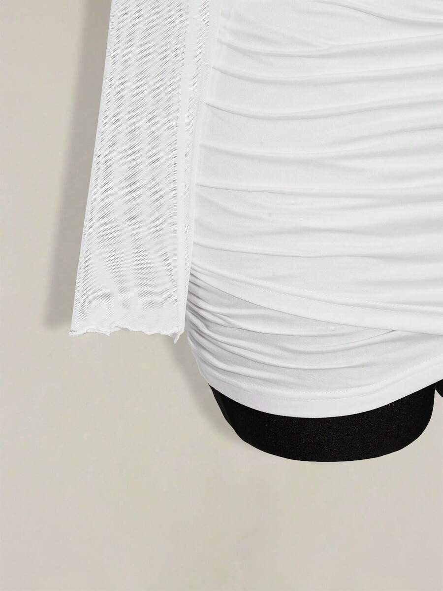 Women's black off-shoulder mini dress featuring sheer mesh patchwork details, ruched bodycon fit, and long flare sleeves.