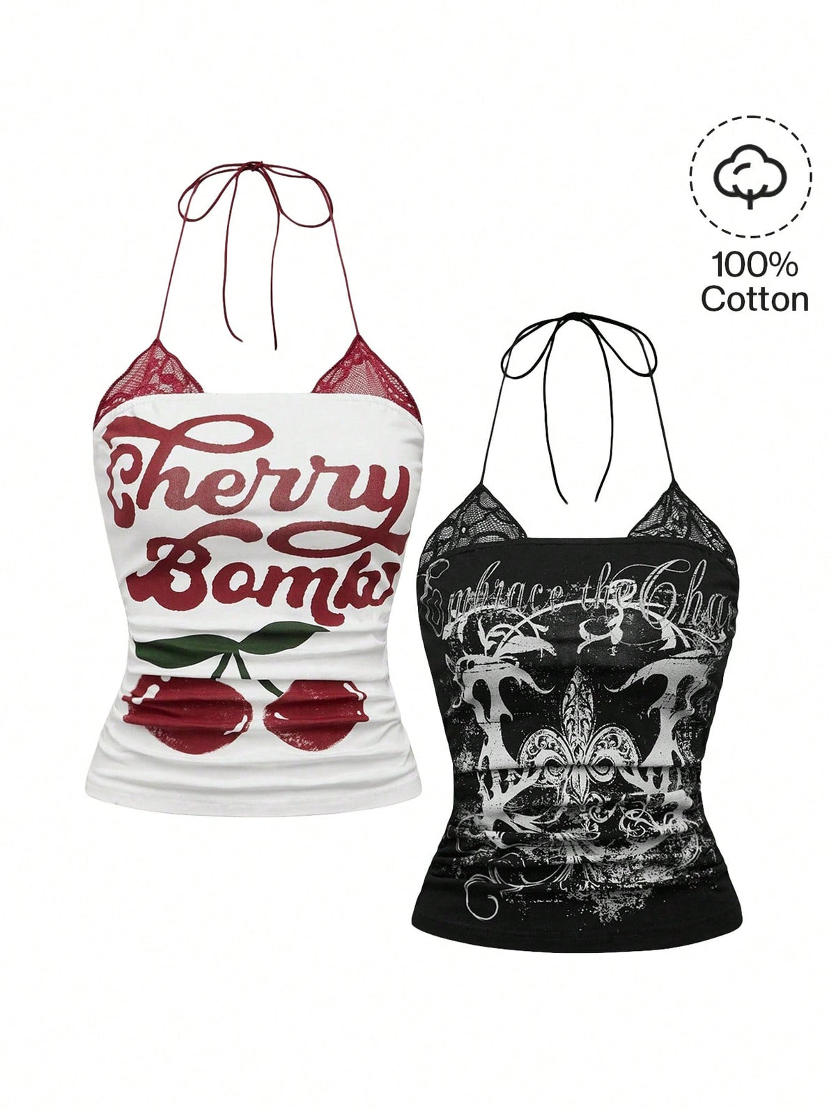 Multicolor graphic crop halter top with contrast lace trim and knot detail in a slim fit stretch knit fabric.