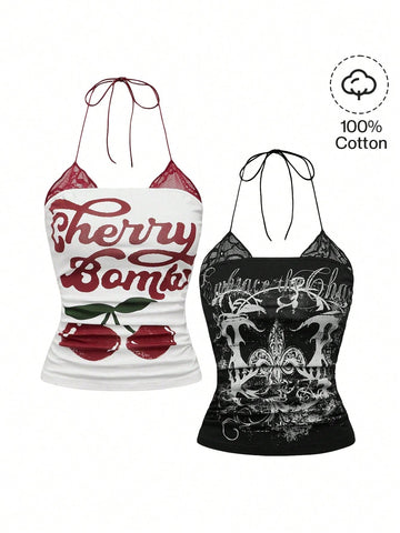Multicolor graphic crop halter top with contrast lace trim and knot detail in a slim fit stretch knit fabric.