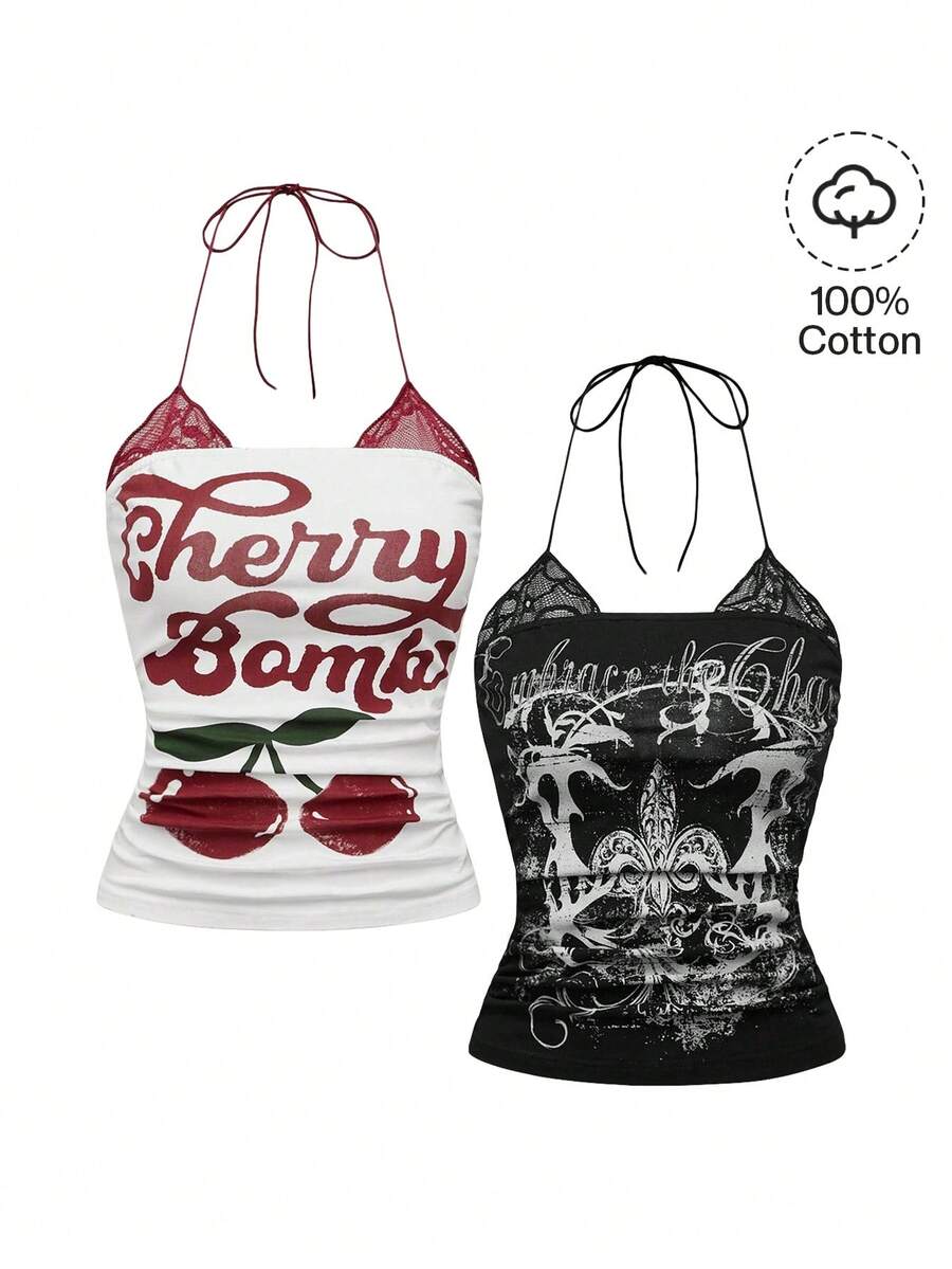 Multicolor graphic crop halter top with contrast lace trim and knot detail in a slim fit stretch knit fabric.