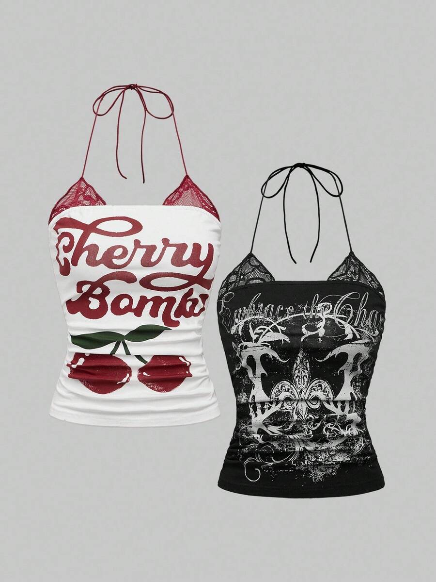 Multicolor graphic crop halter top with contrast lace trim and knot detail in a slim fit stretch knit fabric.
