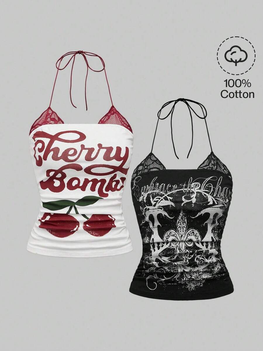 Multicolor graphic crop halter top with contrast lace trim and knot detail in a slim fit stretch knit fabric.