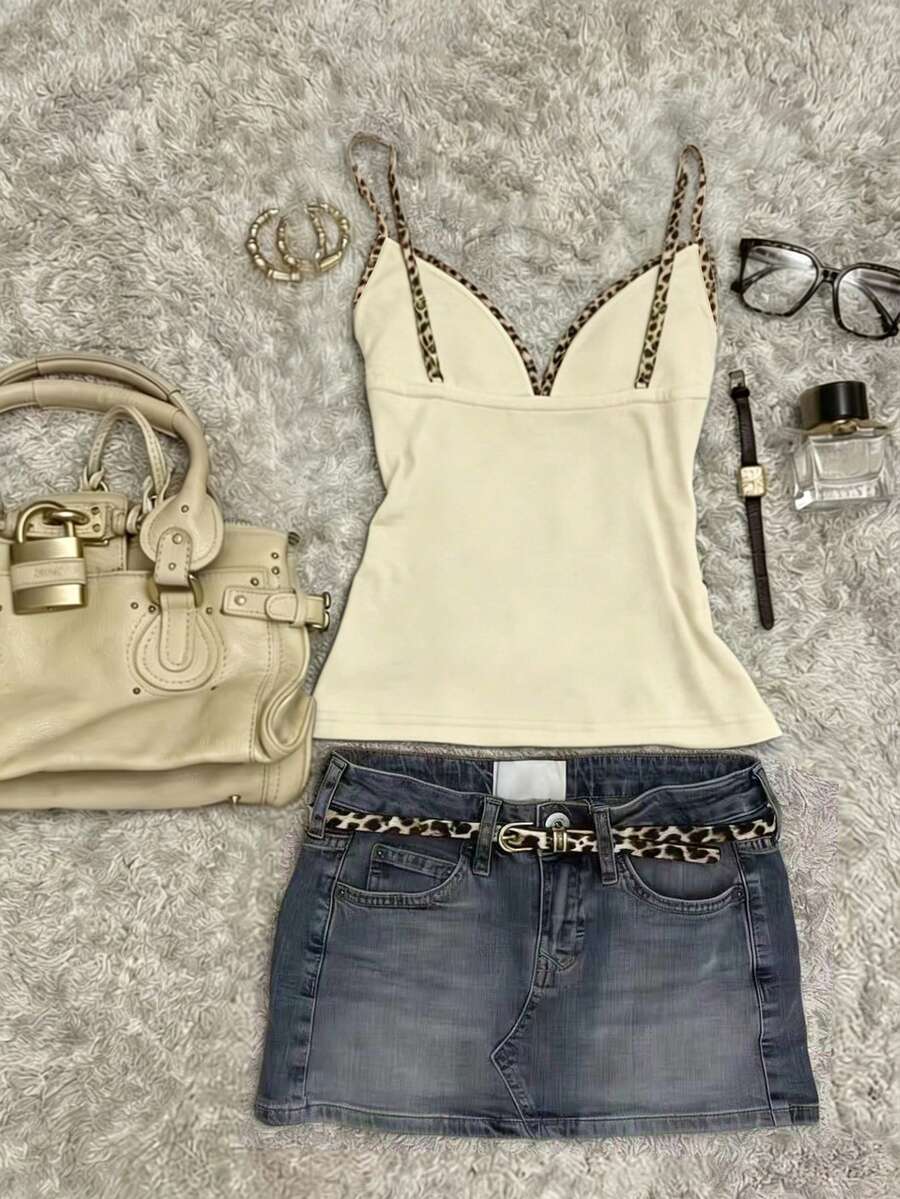 A women's solid slim fit camisole top with delicate contrast lace trim around the neckline and spaghetti straps.