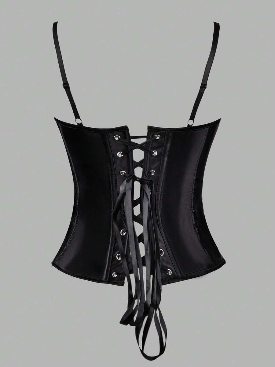 Black satin corset top for women with 3D floral rose details, boned slim-fit bodice, thin spaghetti straps, lace-up open back, and asymmetrical curved hem.