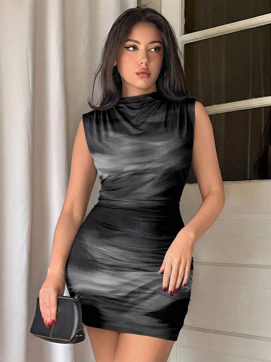 Army green sleeveless bodycon mini dress with a stand collar, ruched details, and zipper back.