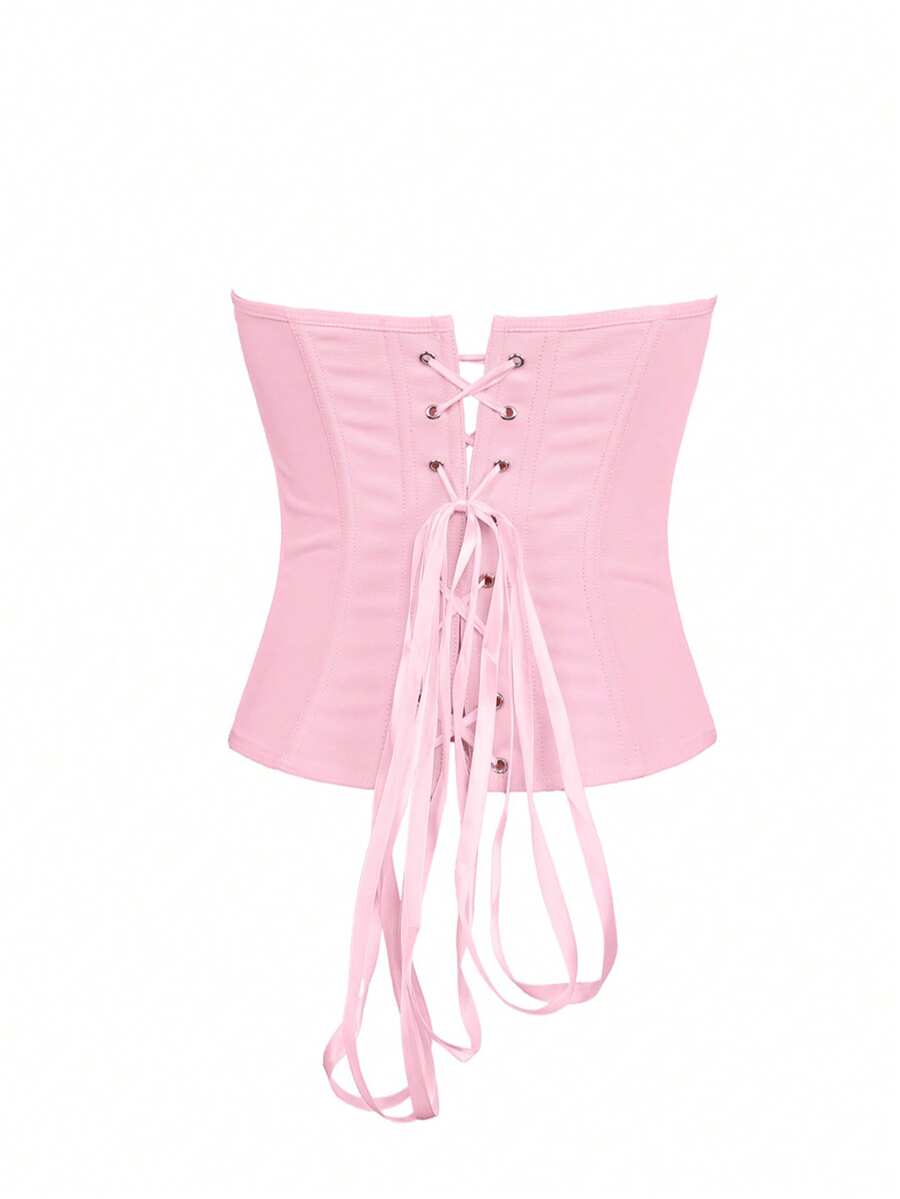 Red strapless corset top with boning and lace-up back, slim fit cropped tube top for women.