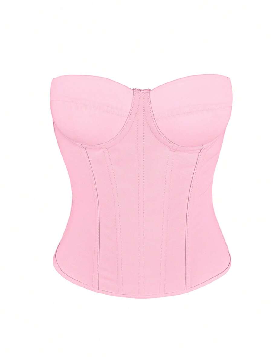 Black strapless corset top with boning, lace-up back, and a cropped slim-fit silhouette for women.
