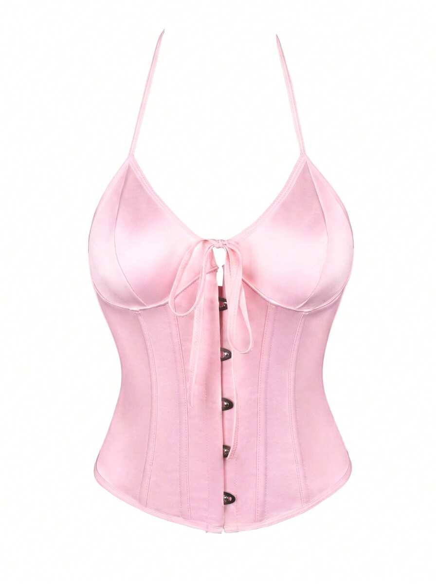 Black satin corset camisole crop top for women with halter neckline, front hook closure, back lace-up detail, and boned waist shaping.