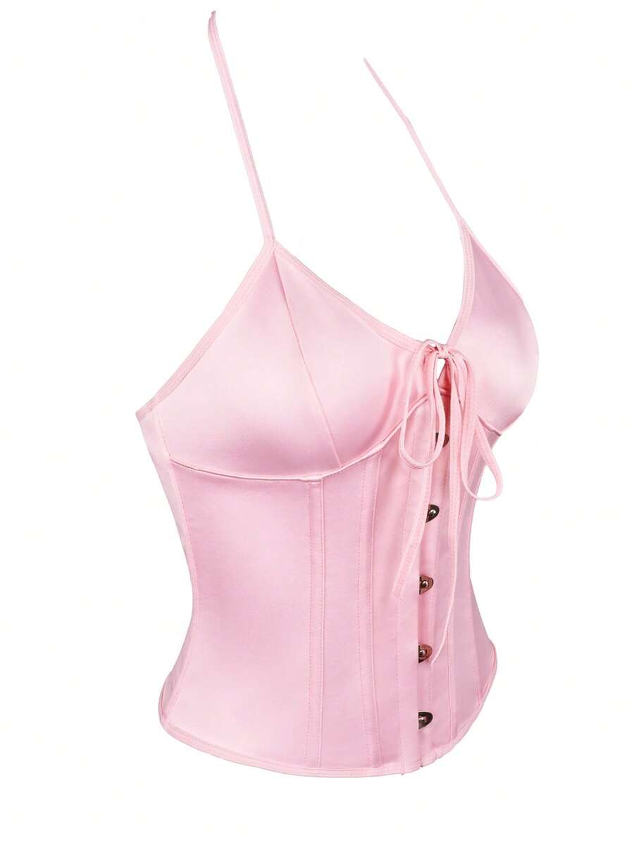 Black satin corset camisole crop top for women with halter neckline, front hook closure, back lace-up detail, and boned waist shaping.