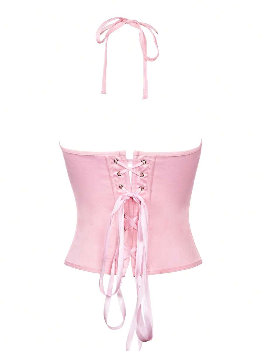 Black satin corset camisole crop top for women with halter neckline, front hook closure, back lace-up detail, and boned waist shaping.