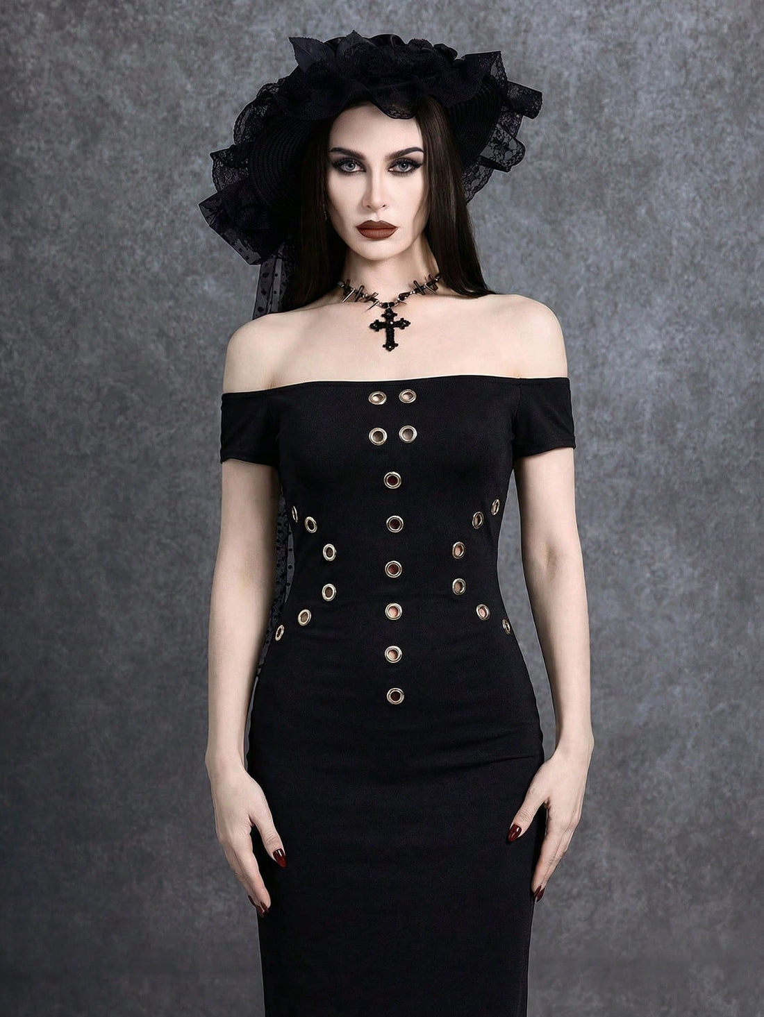 Black off-shoulder gothic long dress featuring a bodycon slim fit, double button details, and cap sleeves.
